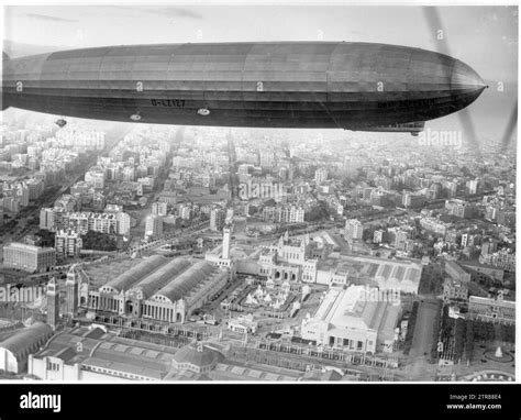 Barcelona, 5/16/1929. The Count Zeppelin airship flying over the city of Barcelona during the ...