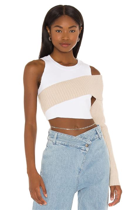 GUIZIO Rib Knit Shrug Off Shoulder Top in Light Oat | REVOLVE