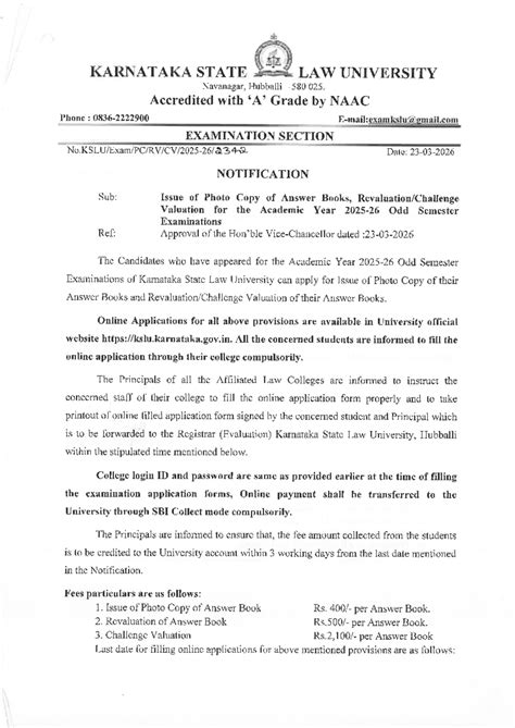 KSLU Notification: Photo Copy & Valuation of Answer Books RV.CV.PC ...
