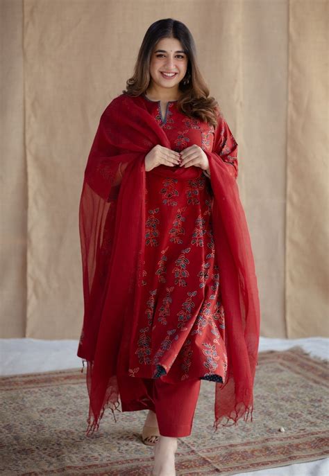 Indian Ethnic Women's Malika Red Ajrakh Cotton Kali Kurta with Hand ...