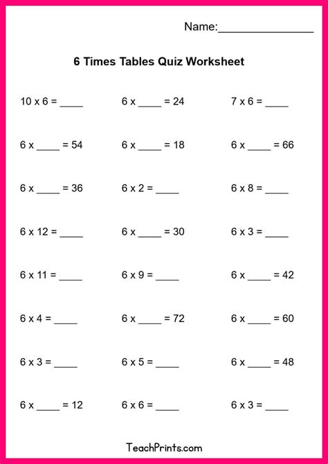 Free Six Times Tables Worksheets (8 Versions) - Teach Prints