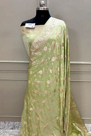 Pista Kesari Jaal Katan Silk Banarasi Saree – Mohsin Textiles