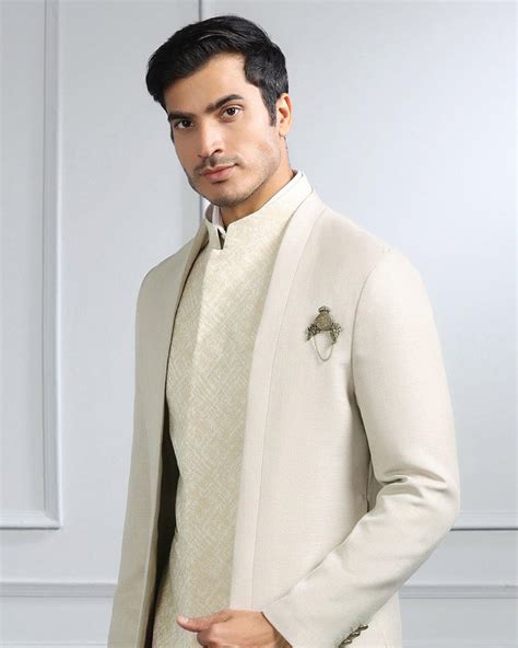 Buy Swarn Multitude 6X Beige Solid Achkan Set Online