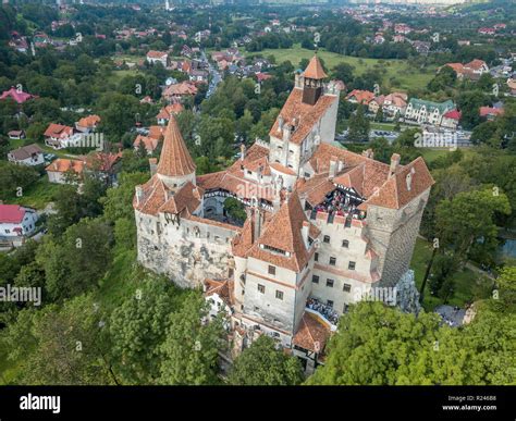 Aerial panorama of Dracula castle at Bran, Transylvania, Romania widely ...