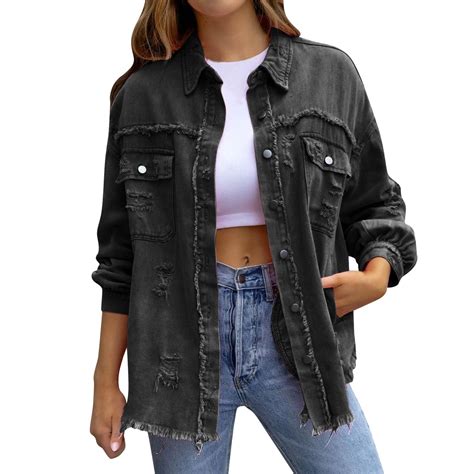 Jean Jacket Women Trendy Ripped Oversized Denim Casual Long Boyfriend ...
