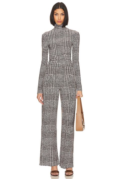 Norma Kamali Front Zip Slim Fit Turtle Top in Chocolate Glenn Plaid ...