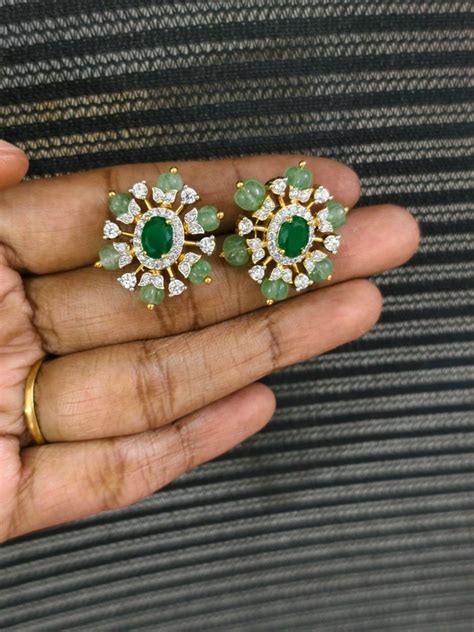 Emerald Studs With Pumpkin Beads