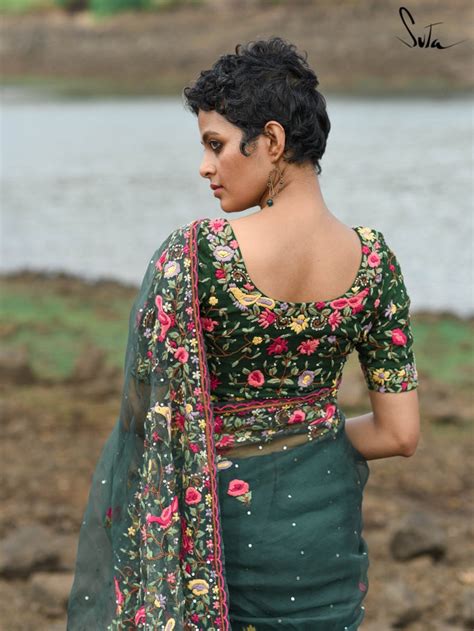 Silk Organza Green Designer Blouse|Driftwood Dreams|Suta