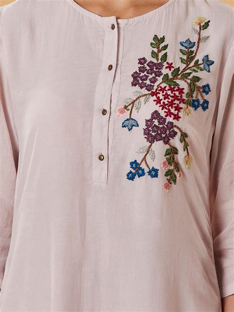 Buy Light Mauve Embroidered Cotton Silk Kurta with Pants - Set of 2 ...