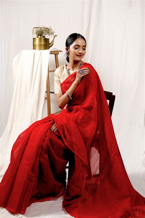 Teejh Rosy Red Handloom Box Sequin Zari Ethnic Saree For Women