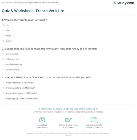Quiz & Worksheet - French Verb Lire | Study.com