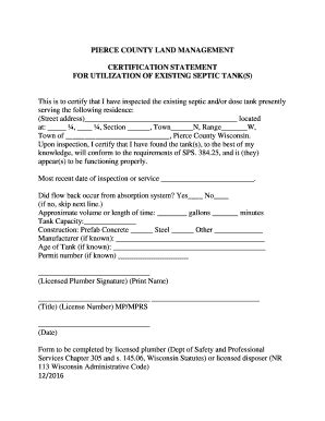 Fillable Online co pierce wi Certification Statement of existing septic ...
