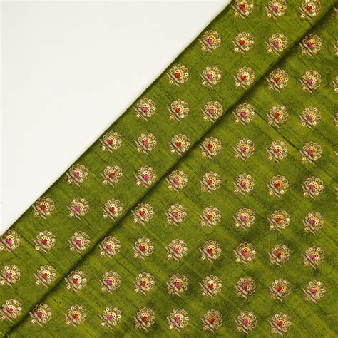 Olive Green Raw Silk Muneer Buti Embroidered Fabric – Zarinama