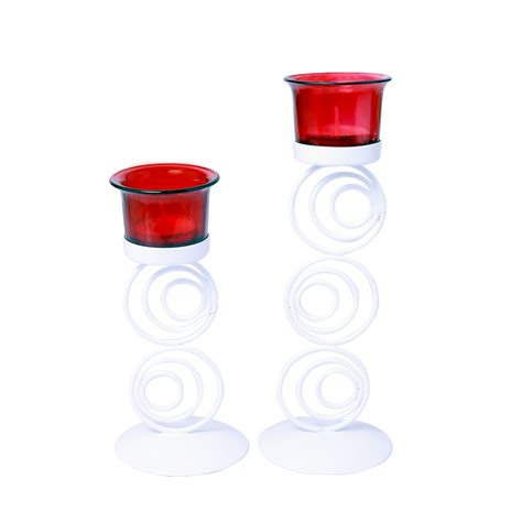 Hosley White Powdercoated Metal Candle Holders with Red Glass - Set of ...