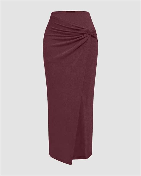 High-Waist Draped Side-Slit Midi Skirt in Maroon – Littlebox India