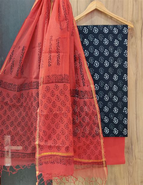 Cotton Hand Block Printed Unstitched Suit - Black with Maroon – Looms ...