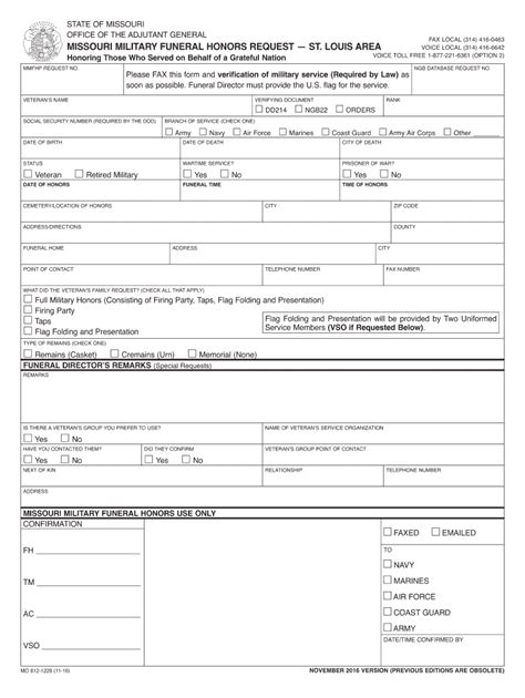 Missouri Military Funeral Honors Request - Blank Fillable Template ...