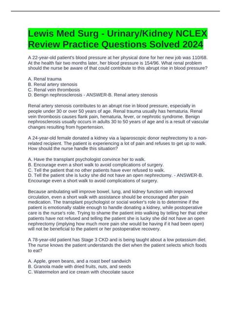 Lewis Med Surg - Urinary/Kidney NCLEX Review Practice Questions Solved ...