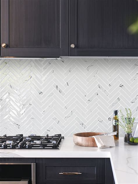 White Herringbone Tile Backsplash