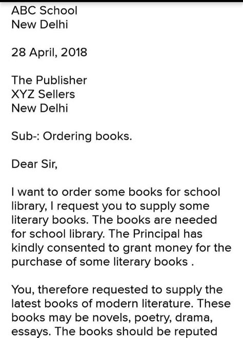write a letter placing an order for some books for our school library ...