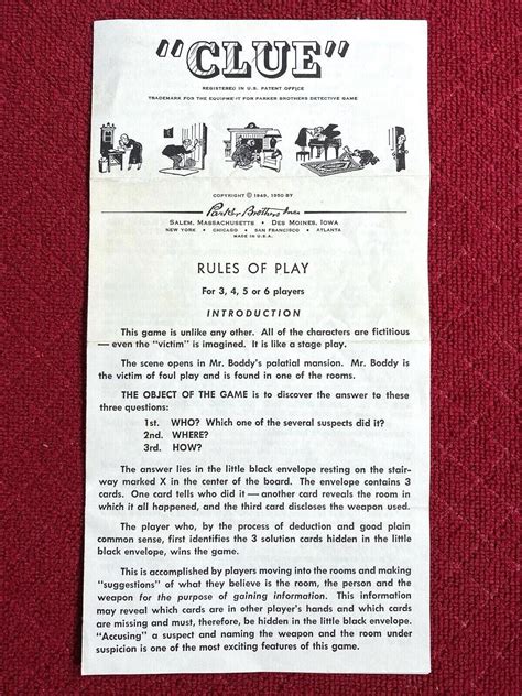 1950 PARKER BROTHERS "CLUE" vintage board game RULES OF PLAY ...