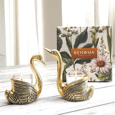 BEHOMA Metal Pair of Swan Candle Holder & Candles Combo Gift Hamper ...