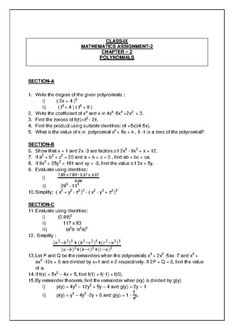 CH-2- Polynomials - sadadf - CLASS-IX MATHEMATICS ASSIGNMENT- 2 CHAPTER ...