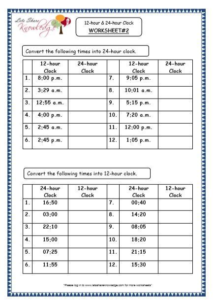 Time - 12-hour & 24-hour Clock Printable Worksheets
