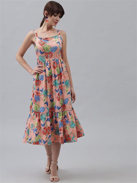 Emeros Women Peach Floral Printed Square -Neck, Strap Back Knot Frill Dress