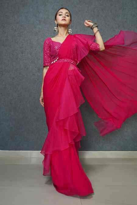 Buy Fuchsia Organza, Georgette Sequins, Embroidery Open Neck Pre-draped ...