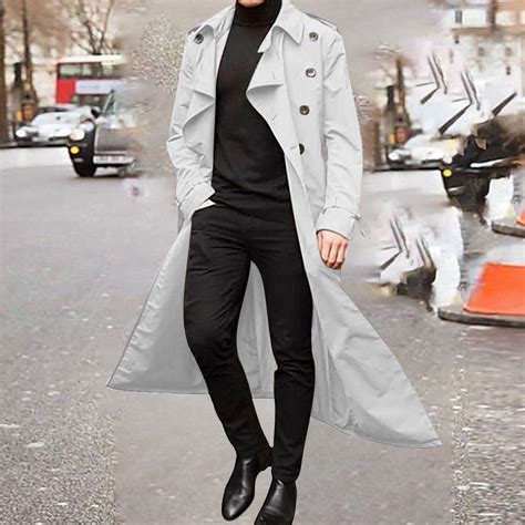 POROPL White Trench Coats for Men long Winter Solid Color Warm Lapel ...