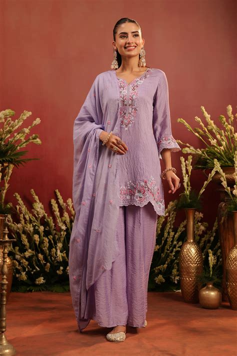 Shop Lavender Mul Chanderi Embroidered Sharara Set | Scakhi – SCAKHI