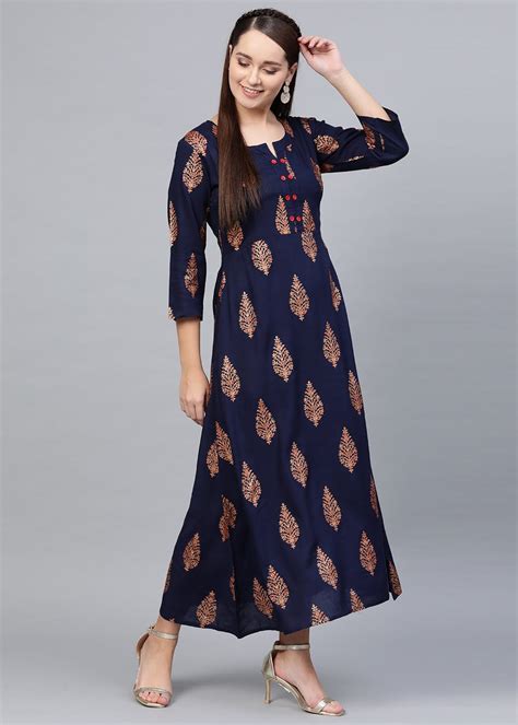 Get Leaf Motif Printed Navy Maxi Dress at ₹ 855 | LBB Shop