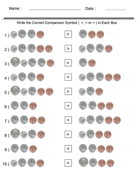 Comparing Coins Worksheets Compare The Value Of Coins And Write Their