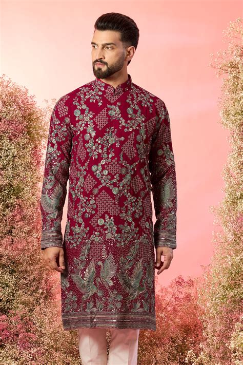 Hot pink chikankari kurta with intricate flora and fauna embroidery