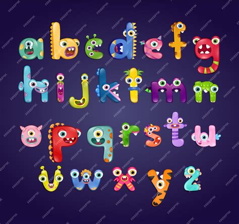 Monster alphabet with small letters on dark blue background. colourful ...