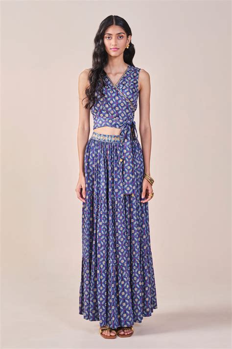 Buy Floral Print Embroidered Tiered Skirt Set Online for Women from ...