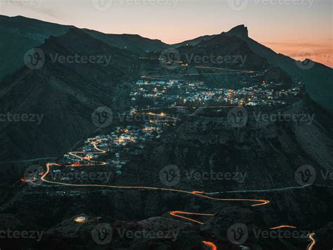 Night view of a mountain village. Authentic Dagestani mountain village ...