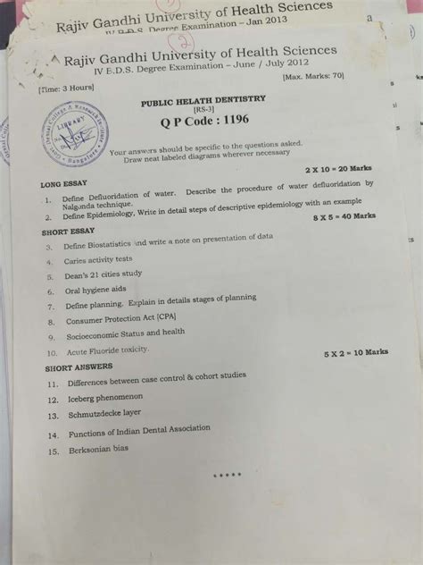 Public Health Dentistry IV B.D.S Degree Exam PYQs (Q.P. CODE: 1196 ...