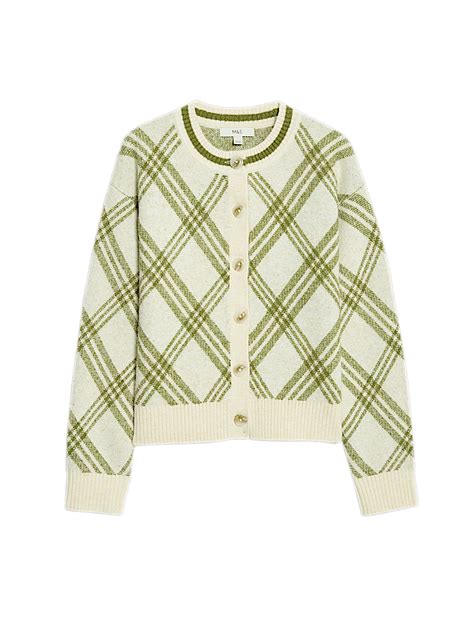 Buy Checked Crew Neck Cardigan With Wool at Marks & Spencer
