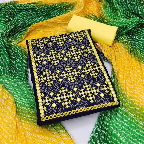 Navy Blue Embroidered Pure Cotton Dress Material