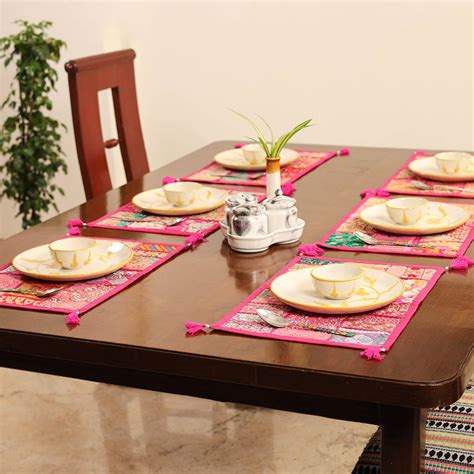 Pink Khambadiya Patchwork Cotton Table Mats (Set of 6)