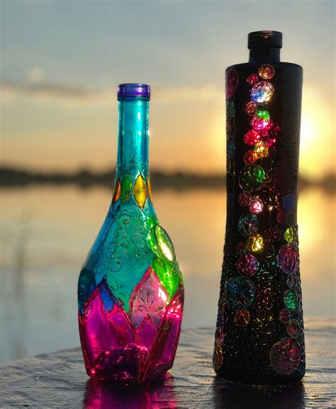 Black Colored Glass Bottle, Stained Glass Painting Black Bottle, Hand ...