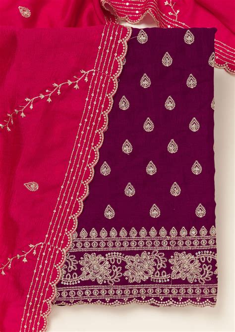 Buy Wine Subtle SOFT RAW SILK Unstitched Salwar Suit - Koskii