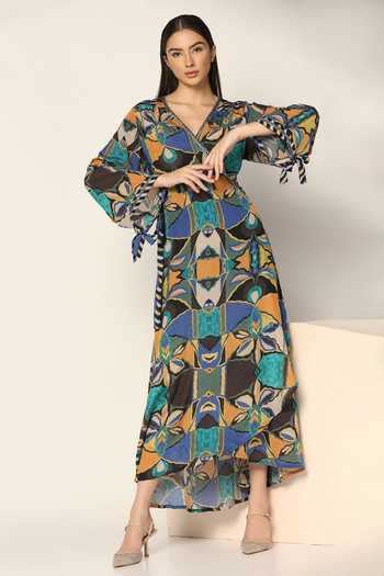 Buy Blue Crepe Embroidery V-neck Geometric Print Wrap Up Dress For ...