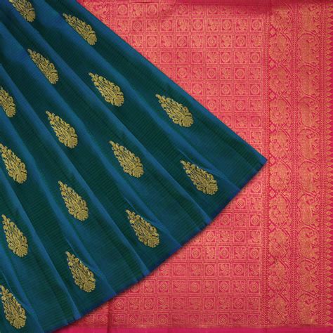 Teal Kanjivaram Silk Saree With Floral Motifs – Singhania's