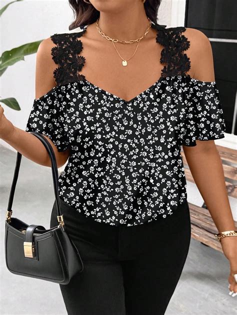 SHEIN Frenchy Plus Size Women Floral Print Off-Shoulder Ruffles ...
