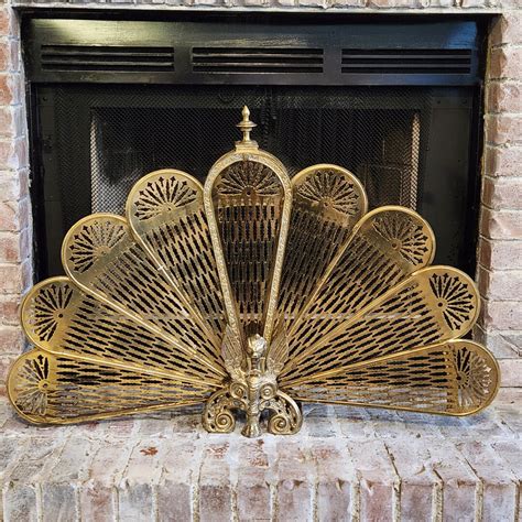 Vintage Brass Peacock Fireplace Screen Cover GRIFFIN Folding Fan Art ...
