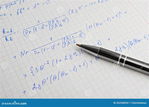 Paper with Written Mathematical Calculations and Pen, Closeup Stock Photo - Image of solution ...