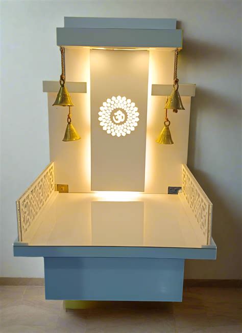 Modern Design Wooden Pooja Mandir with Backlit Om Symbol and Storage ...